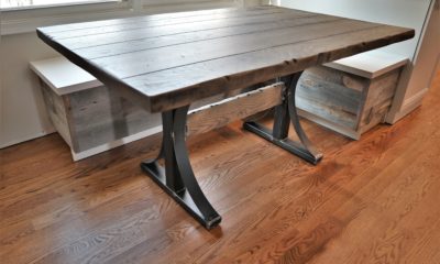 Solid wood top with metal base, wood cross brace - Rustic Elements Furniture