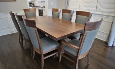 Solid walnut dining table set with fabric back and seats - Rustic Elements Furniture