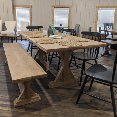 Rustic Elements Furniture - Thomas Pedestal Table & Bench with Chairs